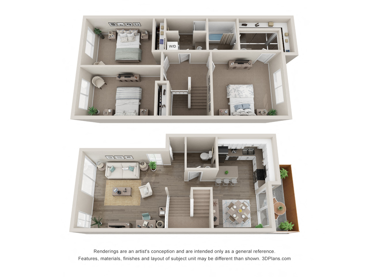 Floor plan for 3 beds, 2.5 baths, 1600 sqft
